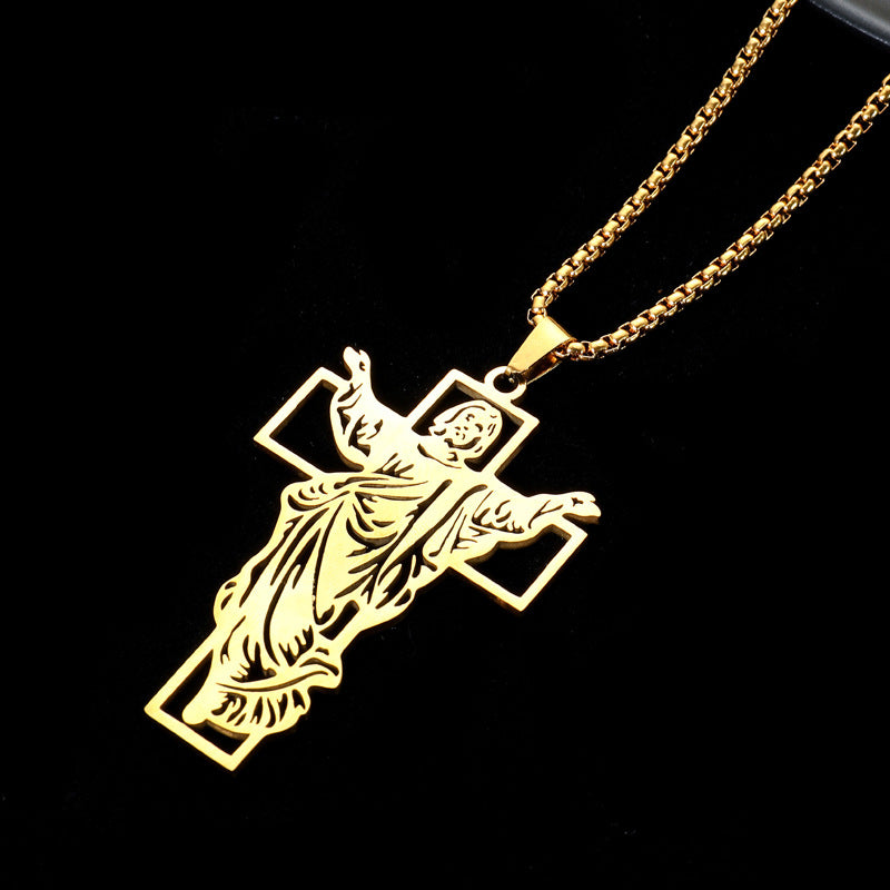 Titanium Steel Risen Christ Cross Necklace, black finish view 6