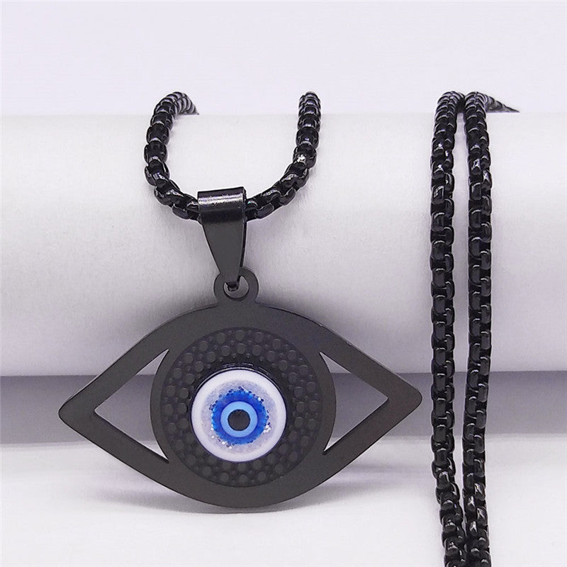 Evil Eye Stainless Steel Pendant Necklace silver on black background view 7