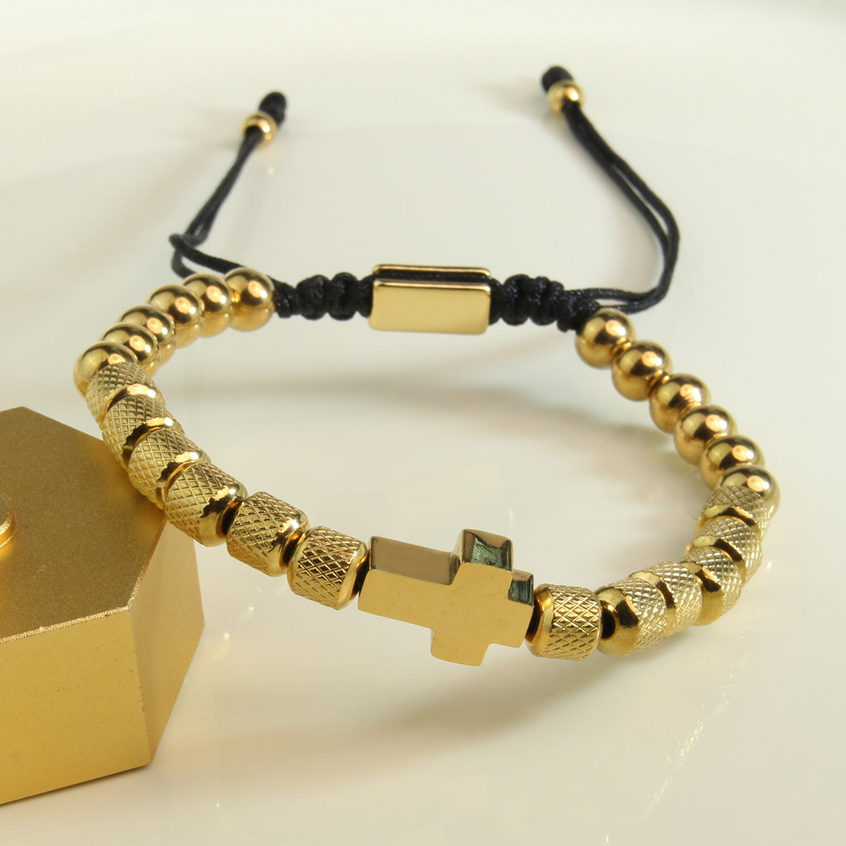 Cross Bead Adjustable Bracelet gold-tone knurled beads