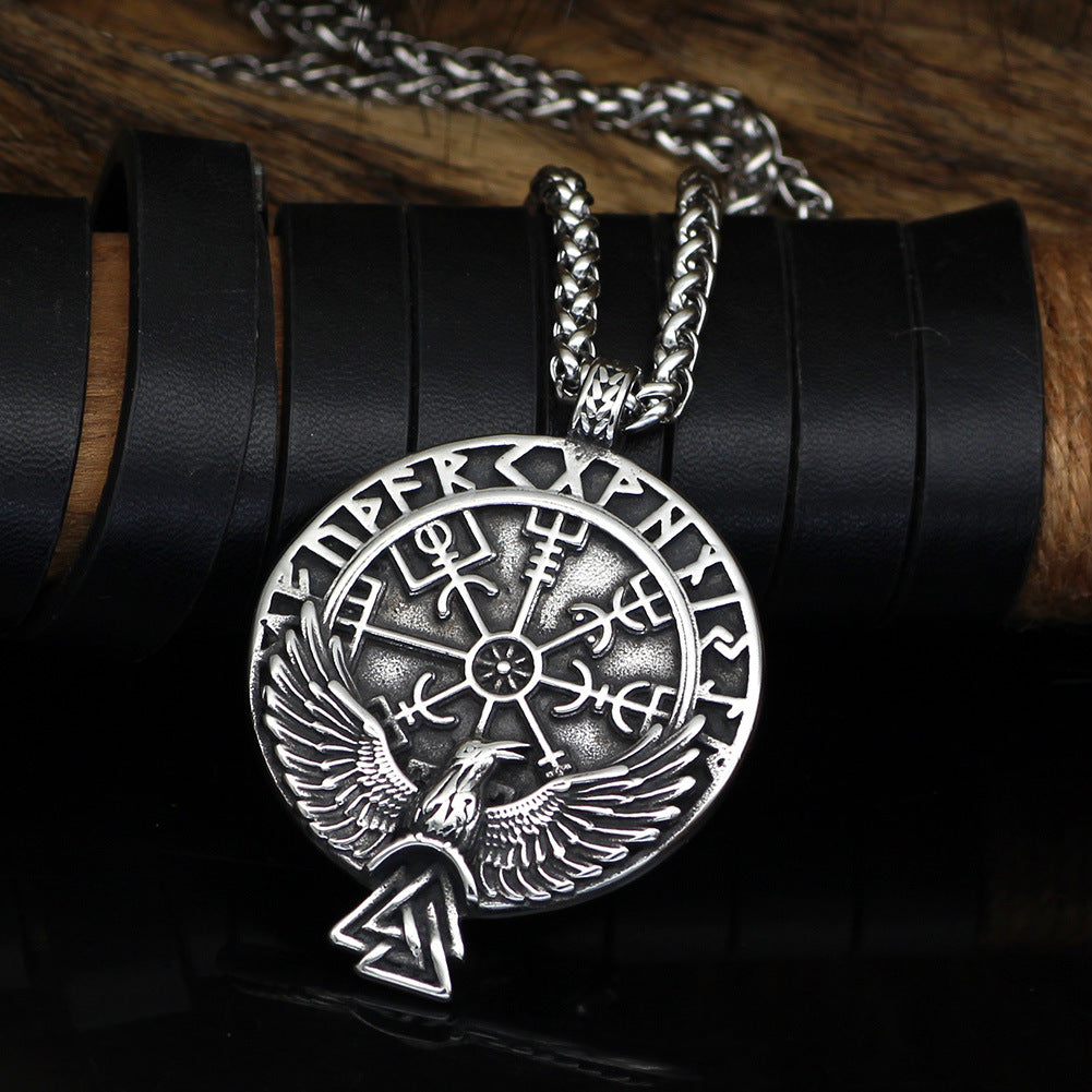 Stainless Steel Viking Raven Compass Necklace with detailed Vegvisir and runes view 3