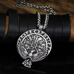 Stainless Steel Viking Raven Compass Necklace with detailed Vegvisir and runes view 3