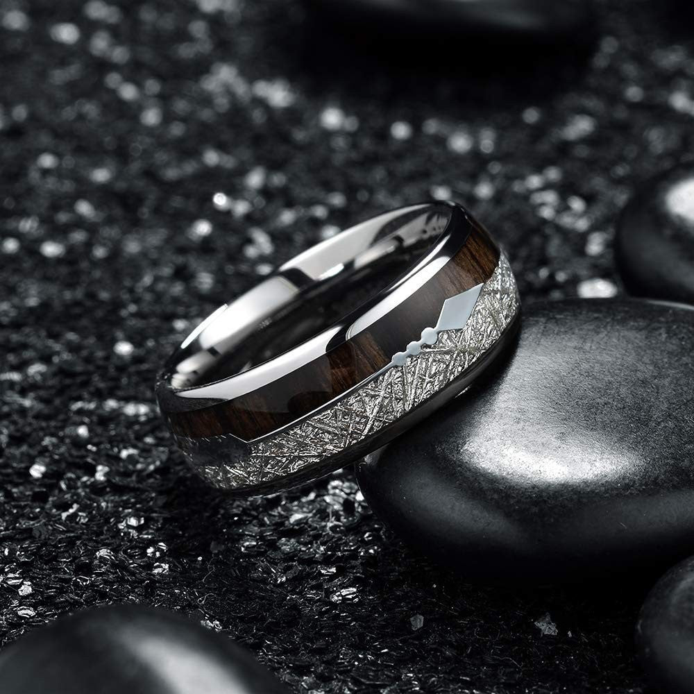 8mm Tungsten Carbide Wood Meteorite Inlay Ring with polished finish view 2