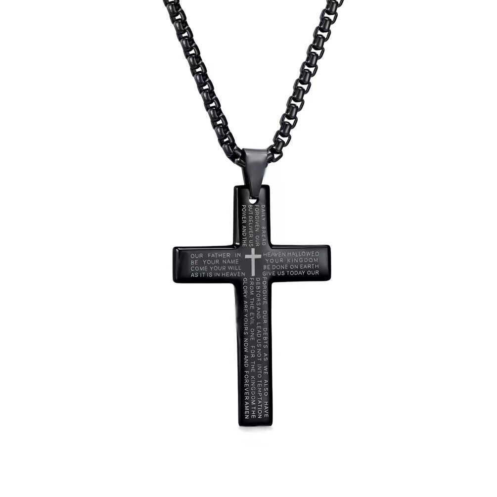 Lord's Prayer Cross Pendant Necklace black finish