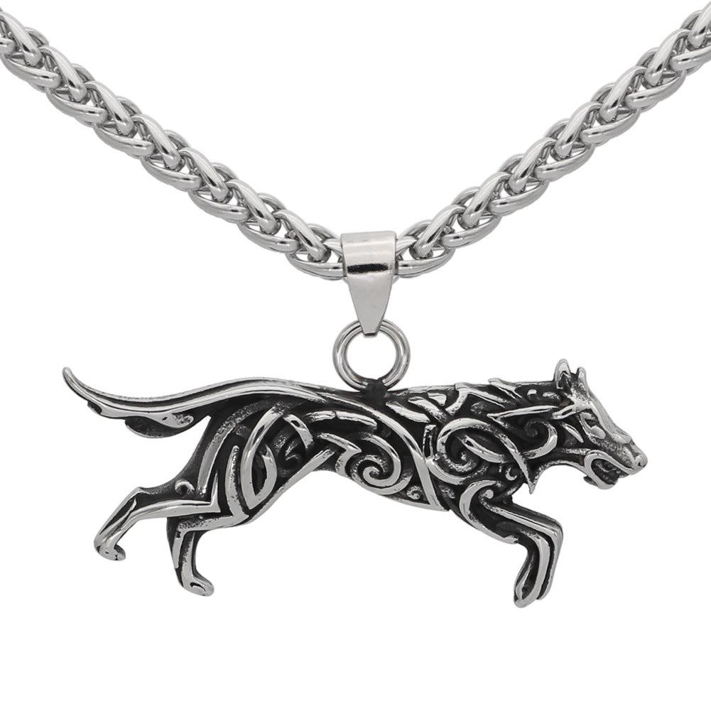 Titanium Steel Wolf Knotwork Pendant Necklace with wheat chain view 2