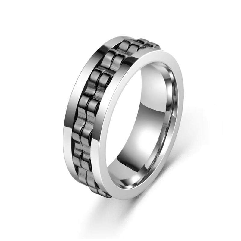 Stainless Steel Textured Spinner Ring with a gold-tone inner band view 4