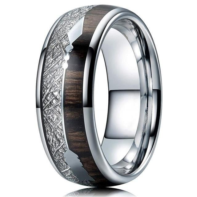 8mm Tungsten Carbide Wood Meteorite Inlay Ring with polished finish