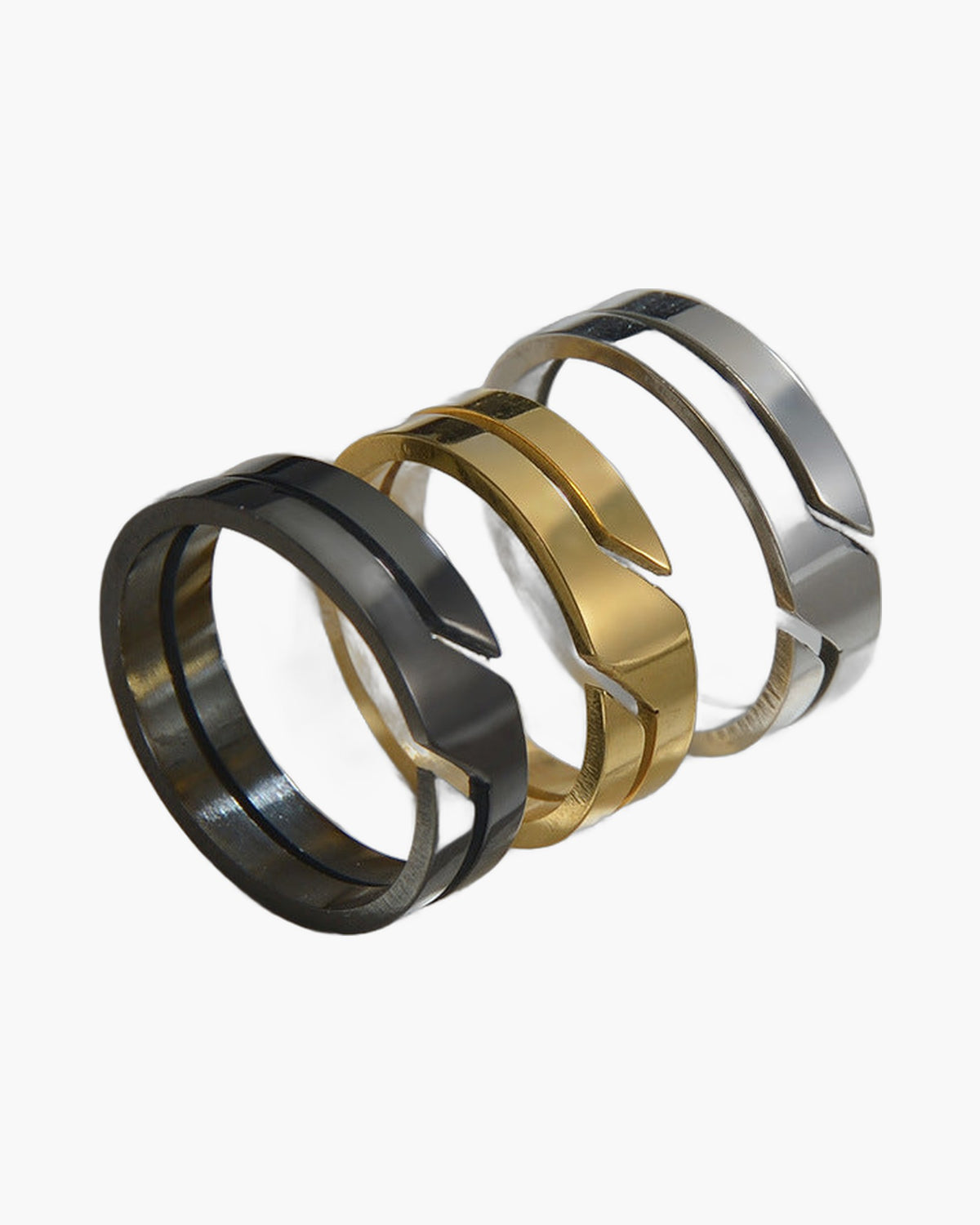 6mm Geometric Cut-Out Stainless Steel Ring in silver, gold, and black finishes