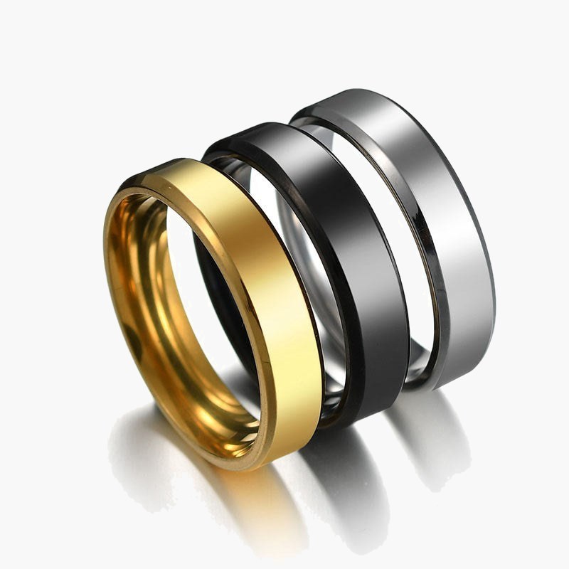 6mm Stainless Steel Beveled Band Ring in gold, black, and silver