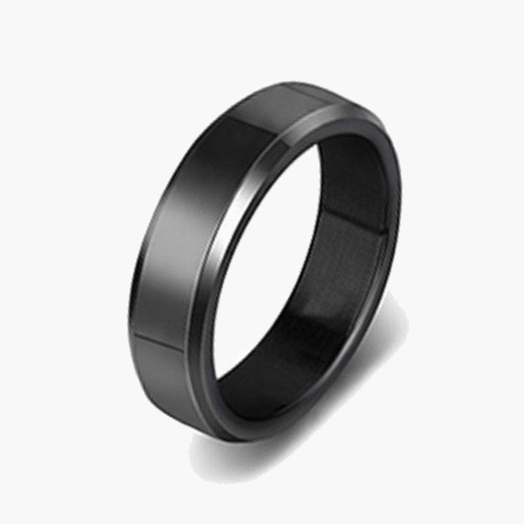 6mm Stainless Steel Beveled Band Ring in gold, black, and silver view 4