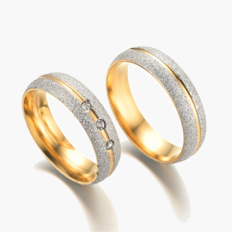 6mm Two-Tone Frosted Titanium Steel Ring with three cubic zirconia stones view 4