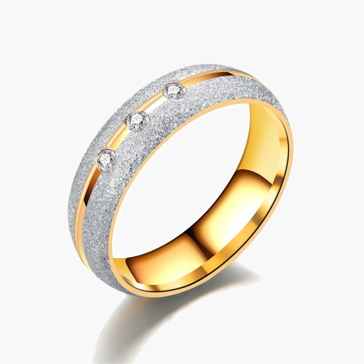 6mm Two-Tone Frosted Titanium Steel Ring with three cubic zirconia stones
