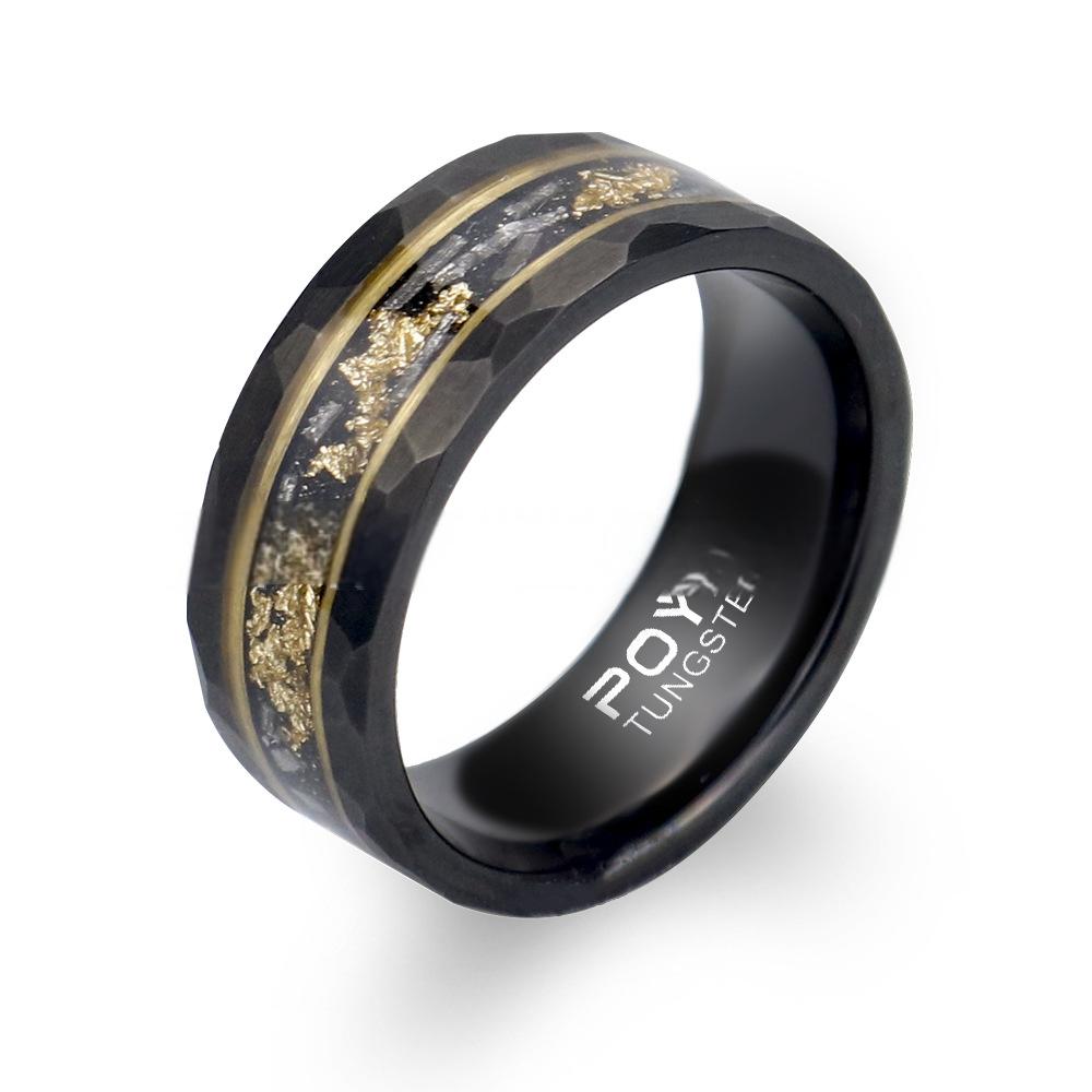 8mm Black Tungsten Carbide Gold Flake Ring with faceted texture view 3