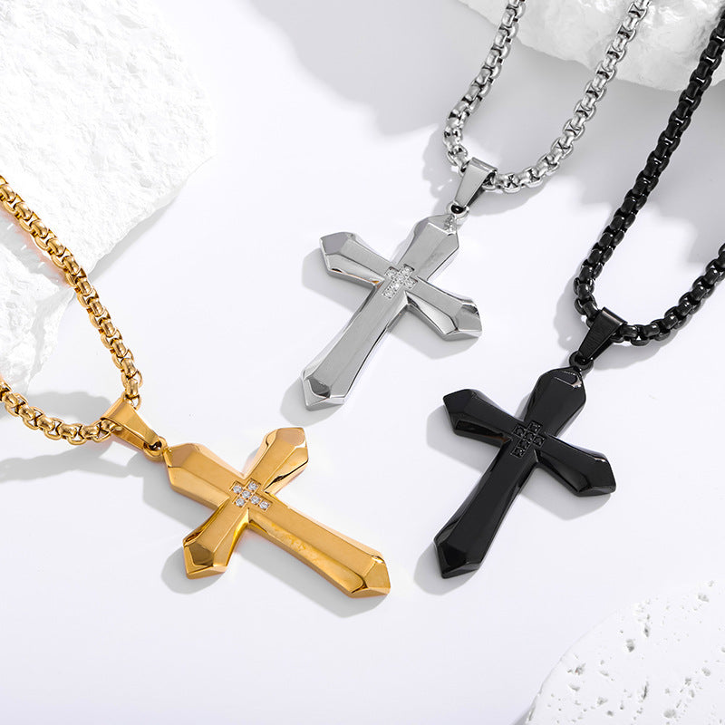 The Zircon Cross Pendant Necklace in Titanium Steel, view 2