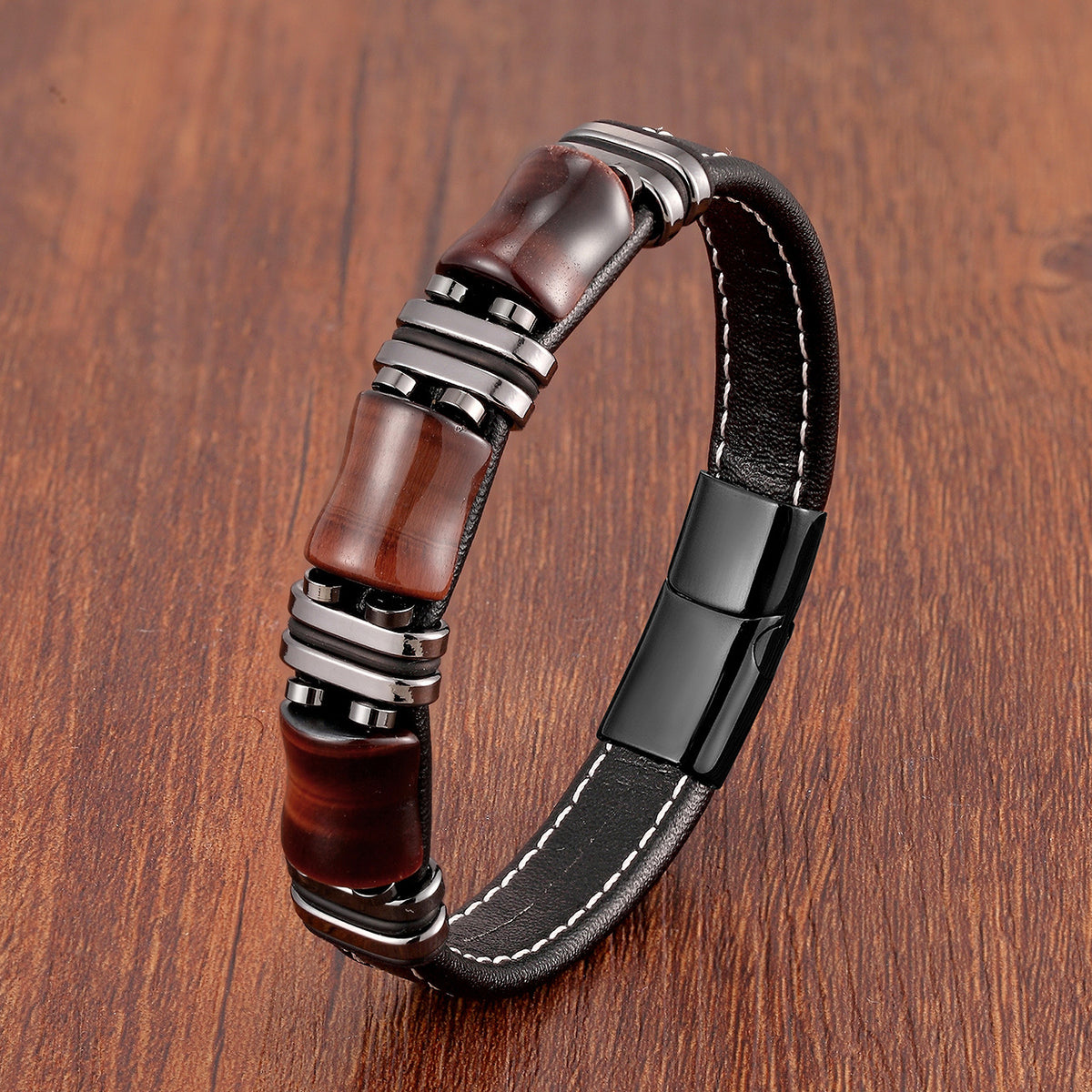 Braided Leather Gemstone Magnetic Bracelet with tiger eye stones view 3