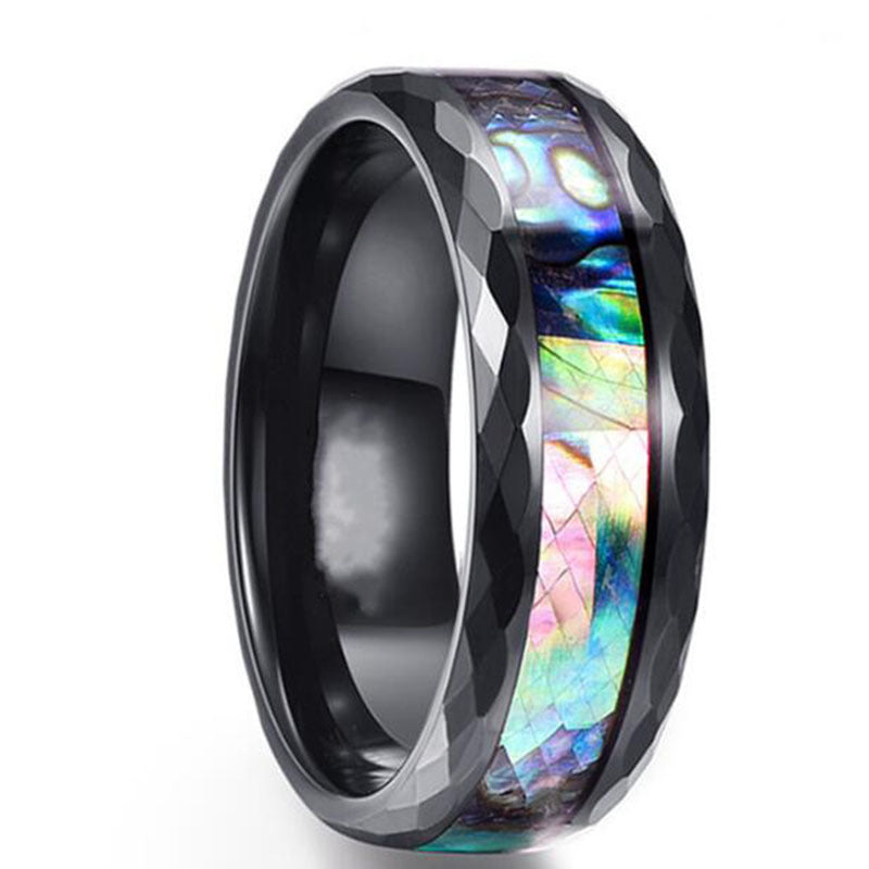 8mm Black Stainless Steel Abalone Inlay Band faceted texture iridescent