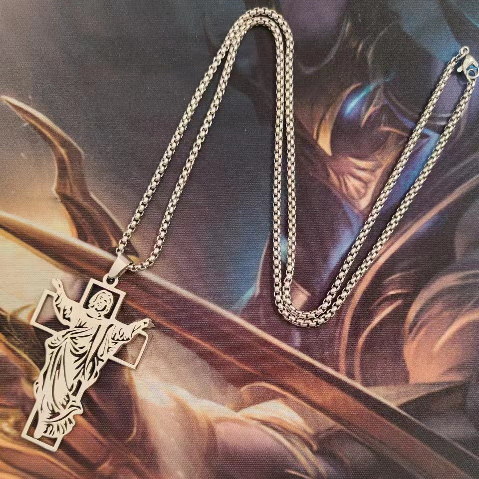 Titanium Steel Risen Christ Cross Necklace, black finish view 3