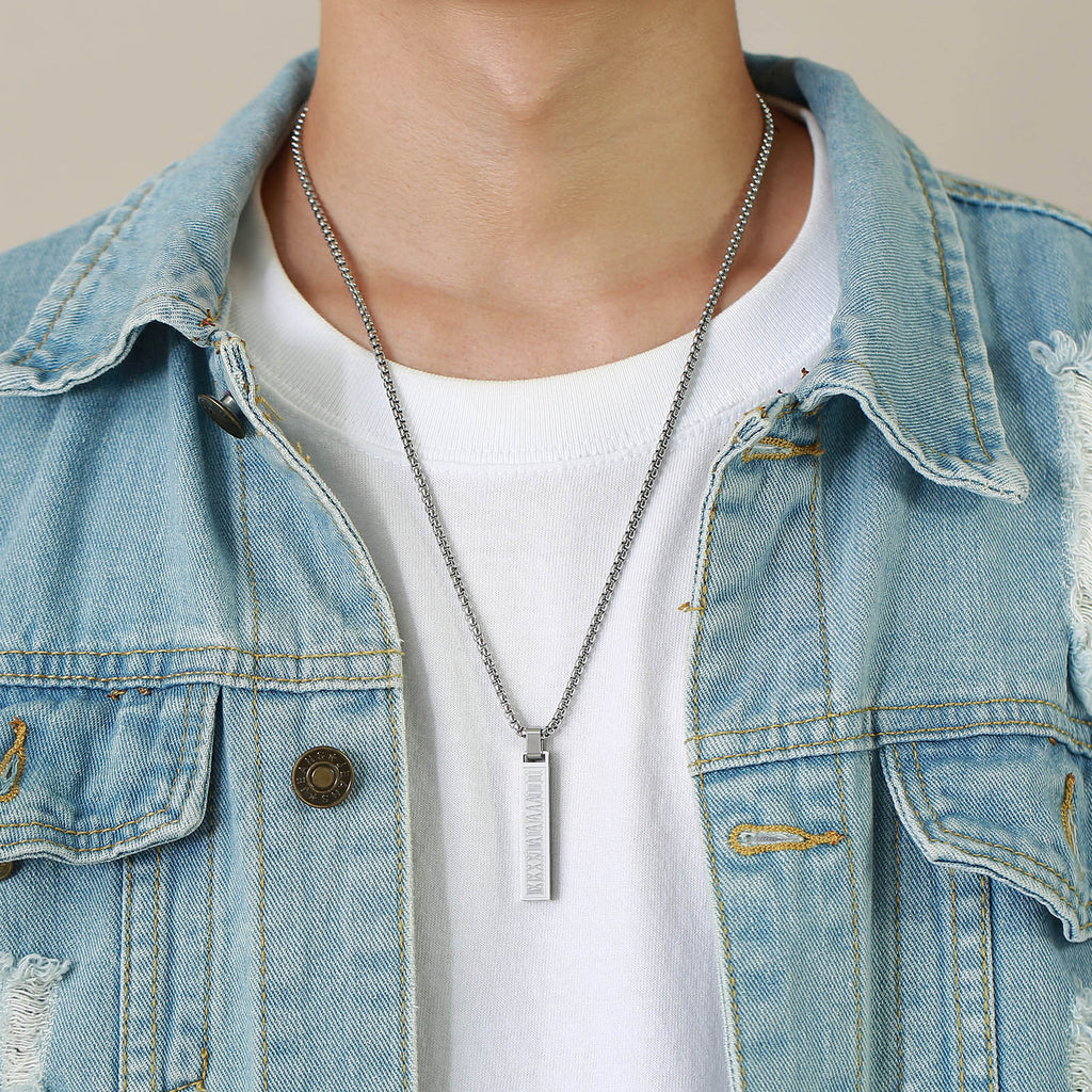 Titanium Steel Roman Numeral Bar Necklace in black and silver-tone view 5