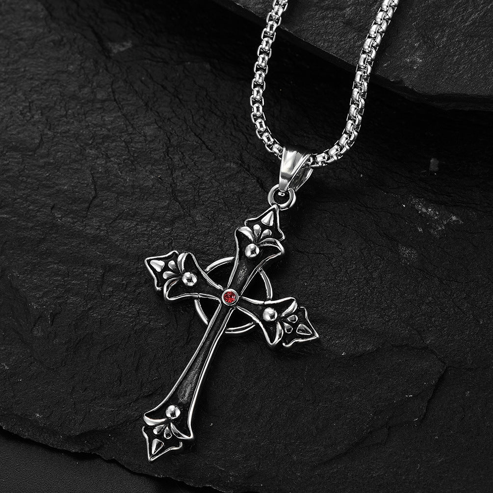 The Gothic Fleur Cross Pendant Necklace in Titanium Steel, view 5