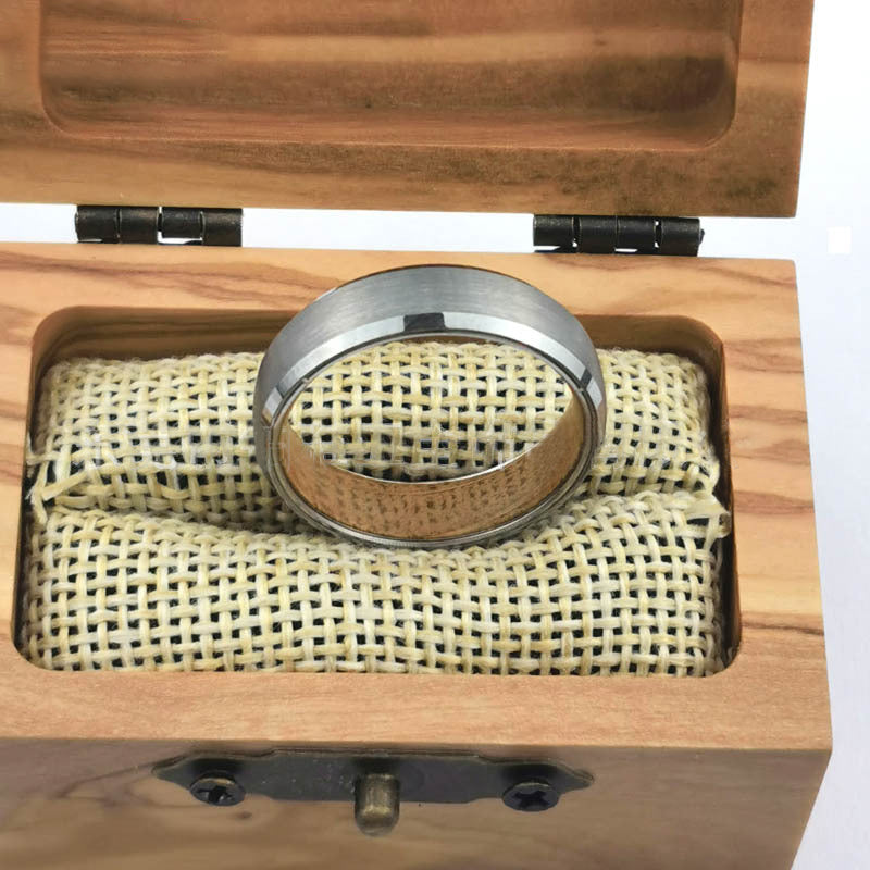 Matte Tungsten Carbide Wood Inlay Band, silver-tone, wood texture view 3