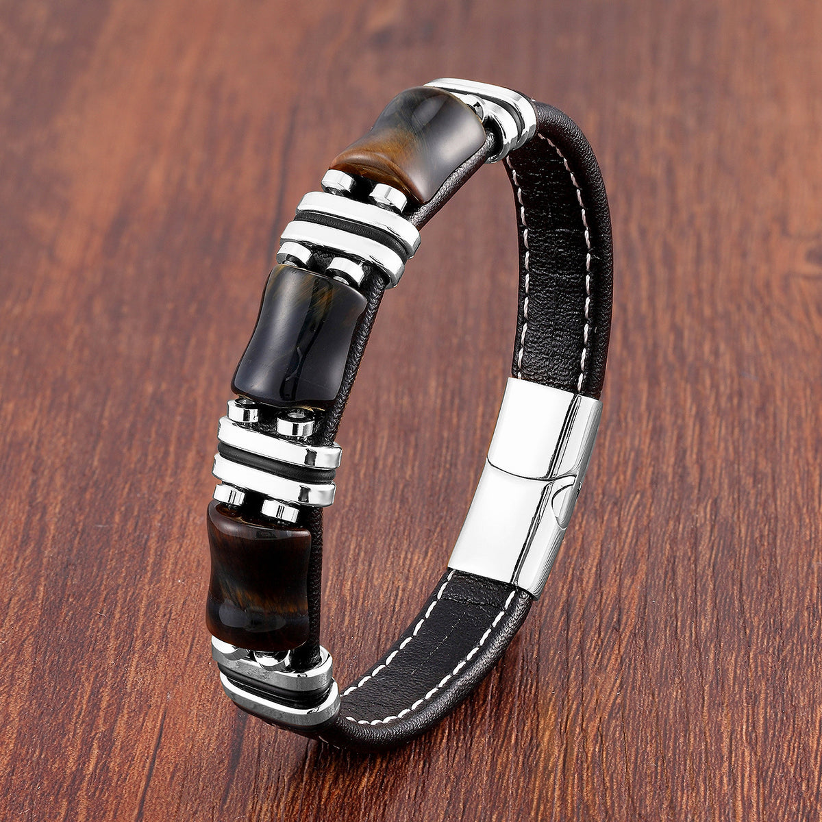 Braided Leather Gemstone Magnetic Bracelet with tiger eye stones view 7