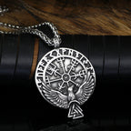 Stainless Steel Viking Raven Compass Necklace with detailed Vegvisir and runes view 2