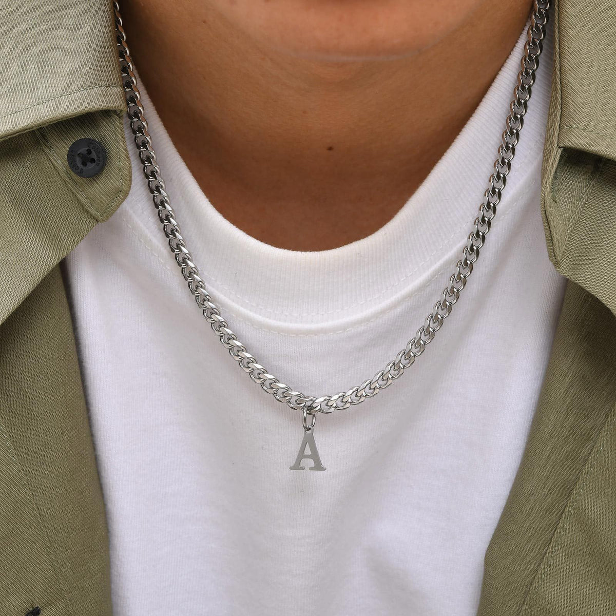 Stainless Steel Curb Chain Letter Pendant on white background view 3