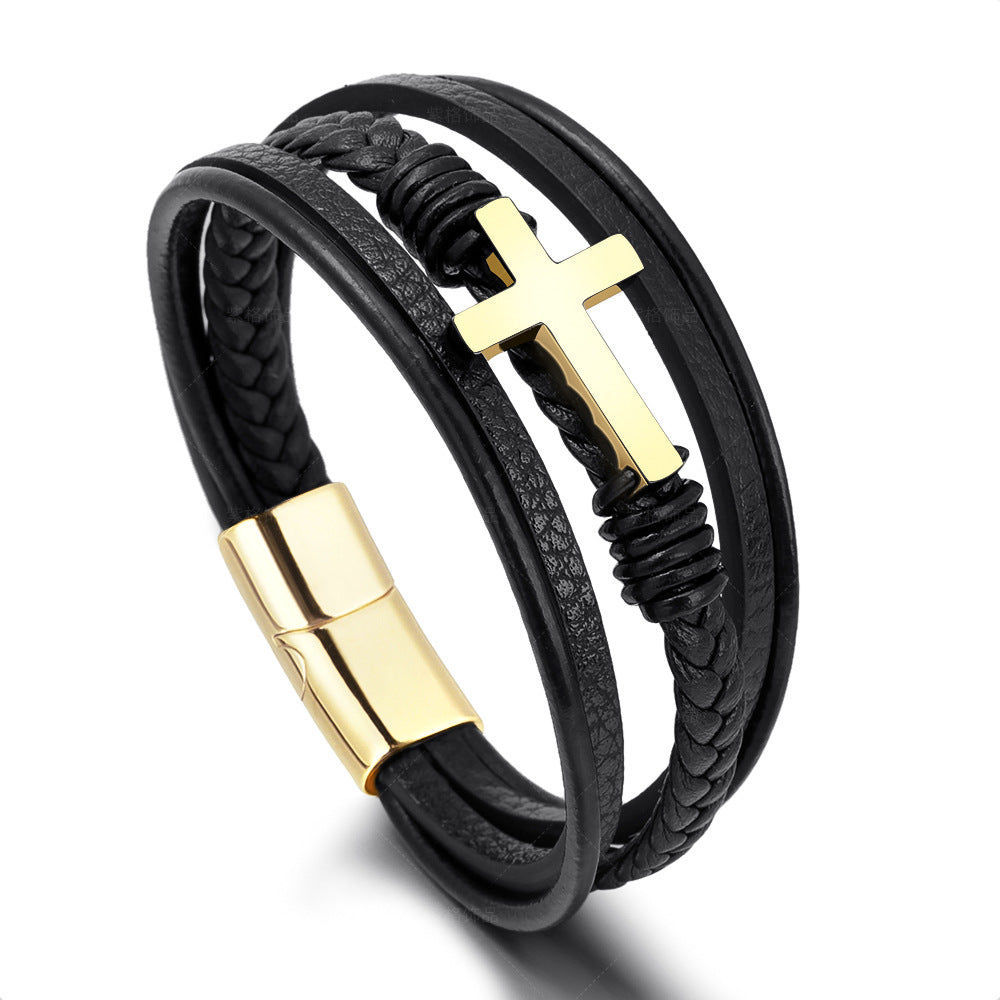Braided Leather Cross Bracelet black finish view 2