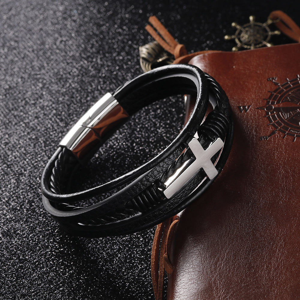 Braided Leather Cross Bracelet black finish view 4
