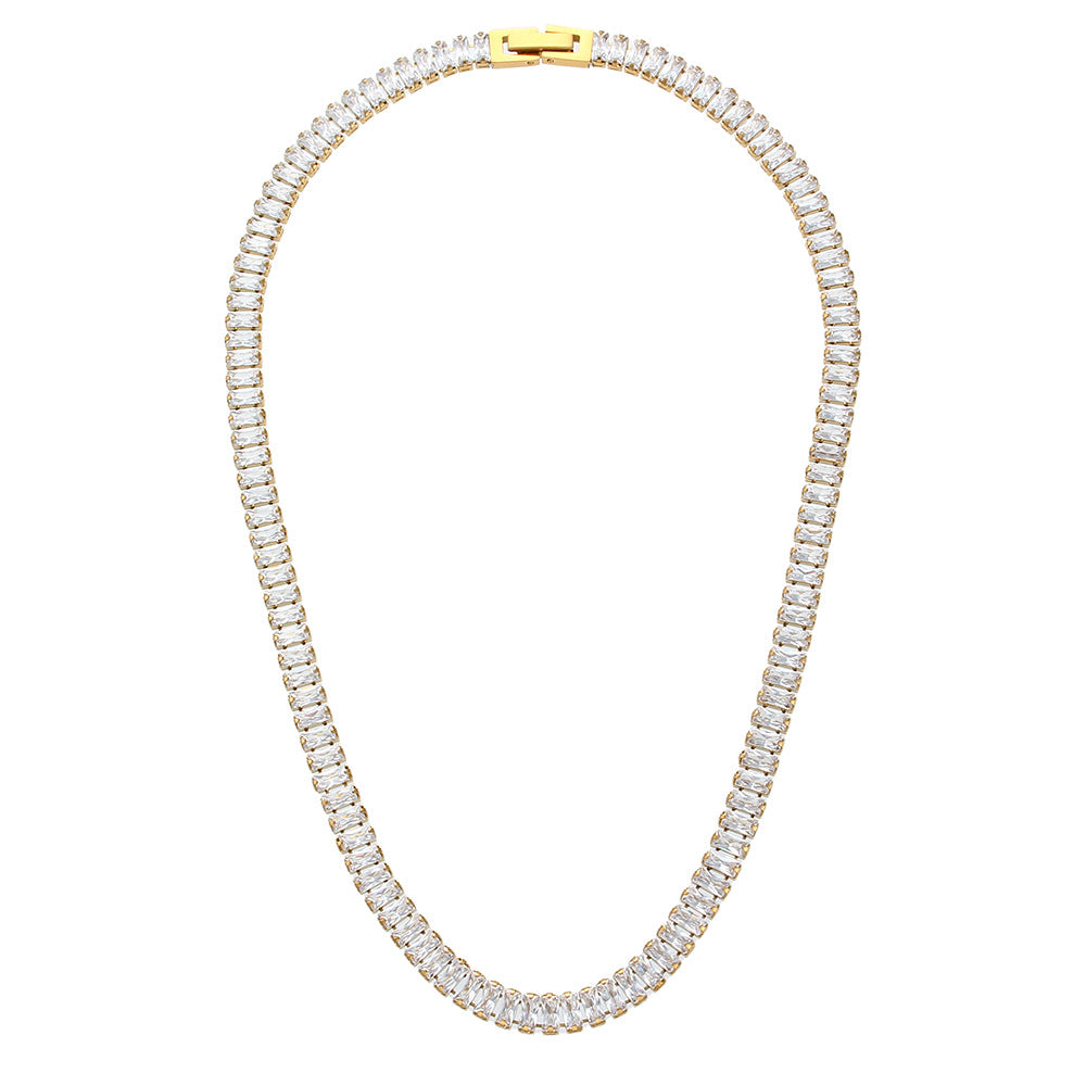Baguette CZ Tennis Chain Necklace with gold-tone finish and clear stones