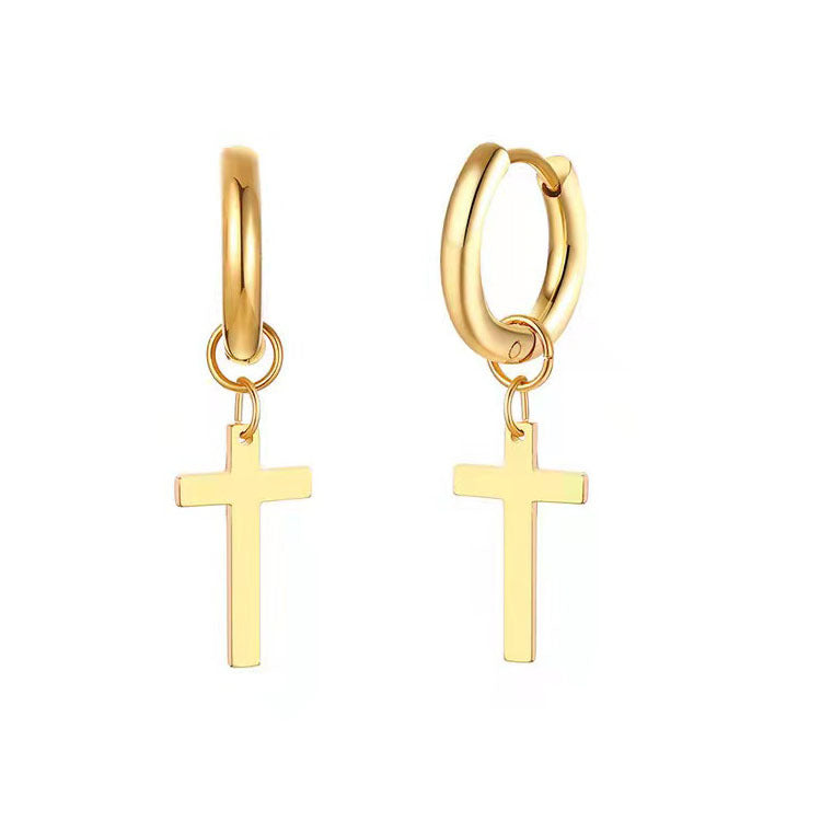 Titanium Steel Cross Dangle Hoop Earrings, silver, gold, black view 2