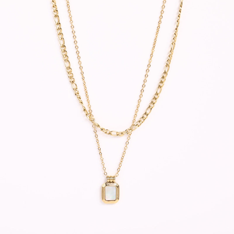 Layered Figaro Chain Square Pendant Necklace with black stone view 3