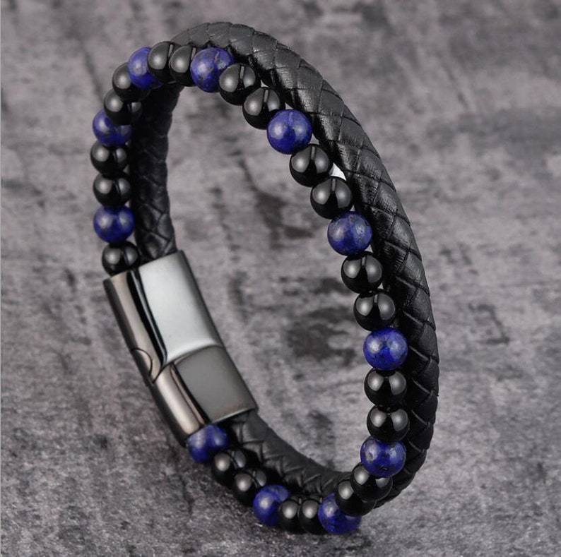 The Double-Strand Leather and Stone Bead Bracelet, view 2
