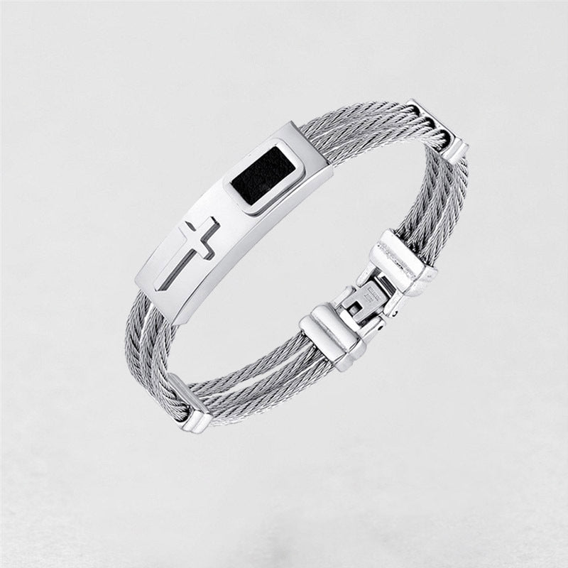 Titanium Steel Cable Cross Bracelet with silver finish and black inlay