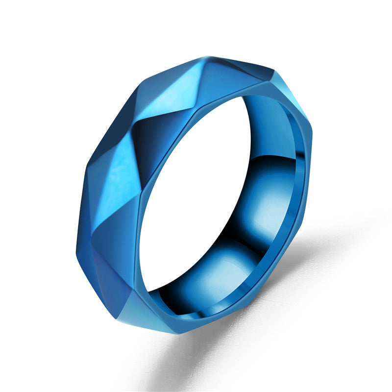 Diamond Cut Stainless Steel Ring in gold-tone and blue finishes view 3