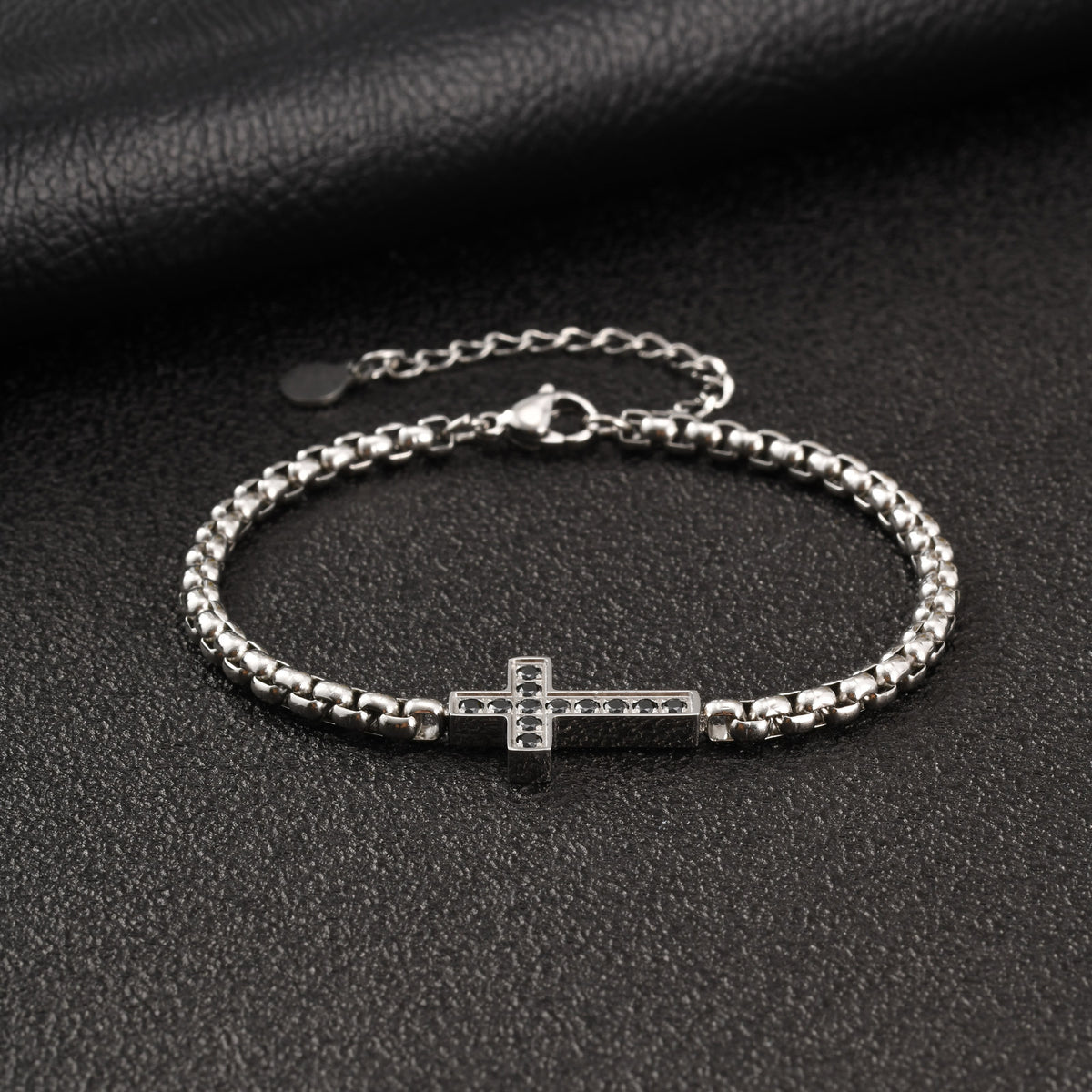Stainless Steel Rolo Chain CZ Cross Bracelet with black stones view 2