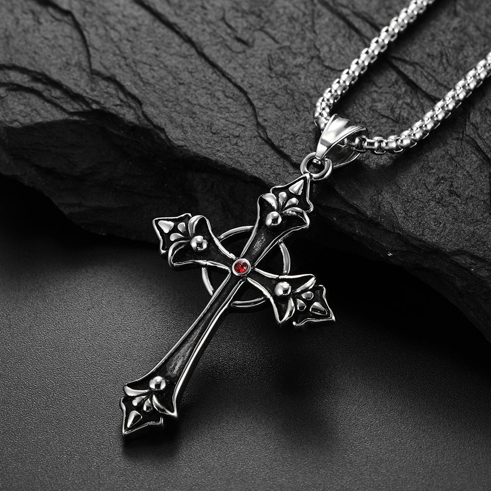 The Gothic Fleur Cross Pendant Necklace in Titanium Steel, view 3