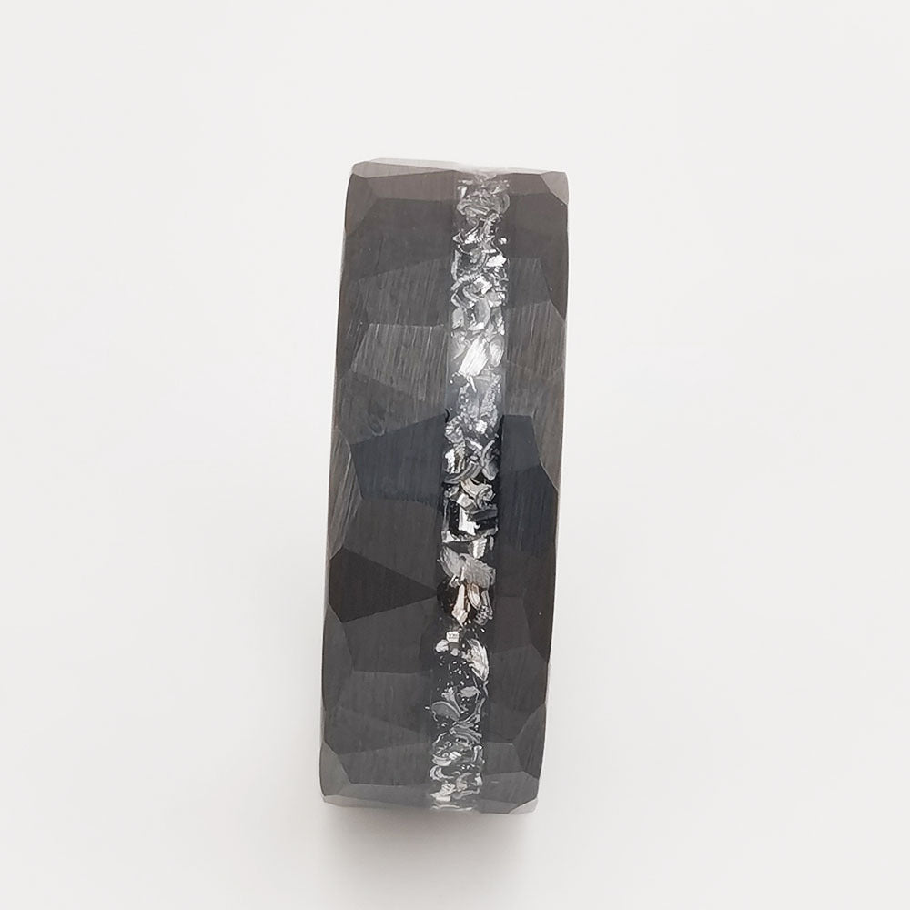 8mm Black Tungsten Carbide Faceted Inlay Ring, faceted black, crushed metal inlay view 2