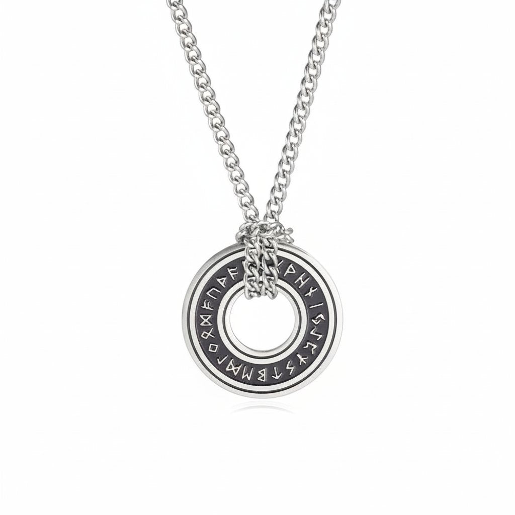 Viking Rune Circle Pendant Necklace gold-tone curb chain view 4