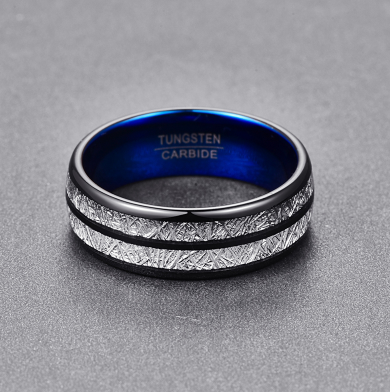 8mm Black Tungsten Carbide Blue Inlay Ring on white background view 4