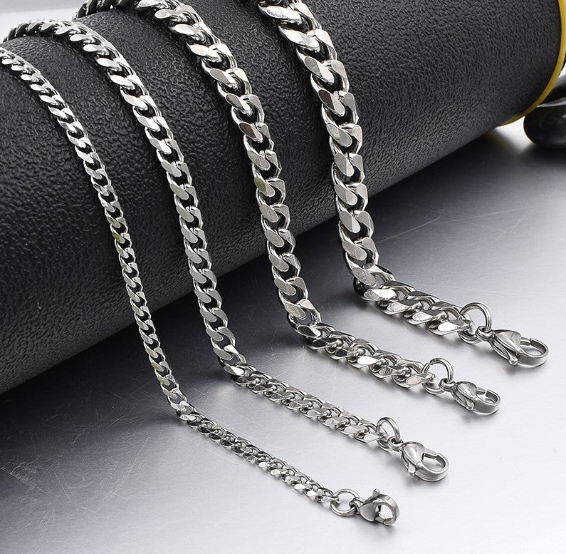 Titanium Steel Cuban Link Chain, silver, on neck view 3