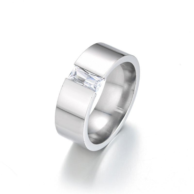 Stainless Steel Baguette Cubic Zirconia Ring, silver finish, wide band view 4