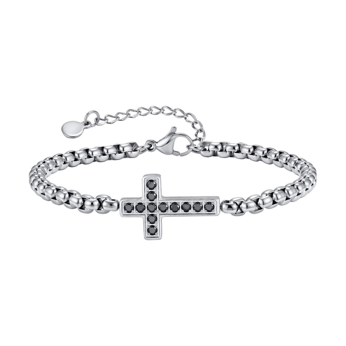 Stainless Steel Rolo Chain CZ Cross Bracelet with black stones