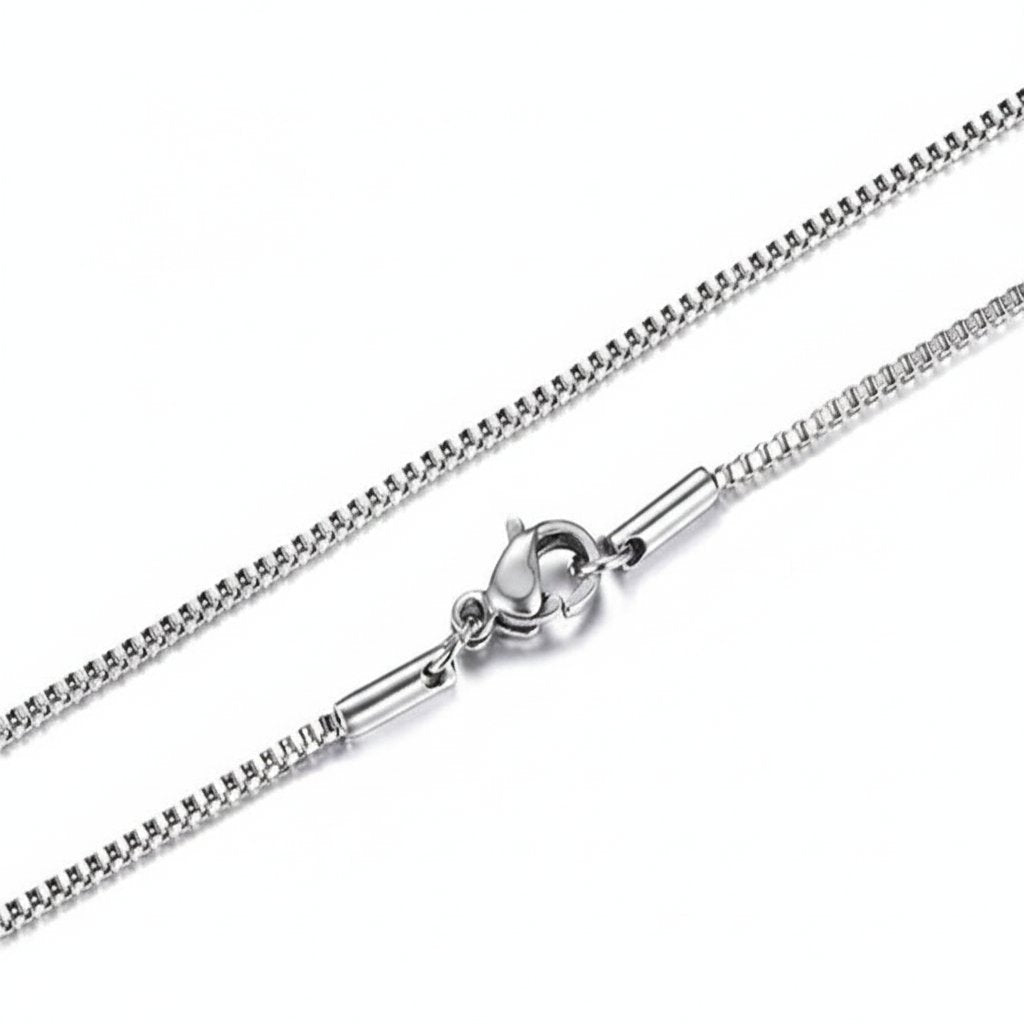 Minimalist Stainless Steel Box Chain on neck view 5
