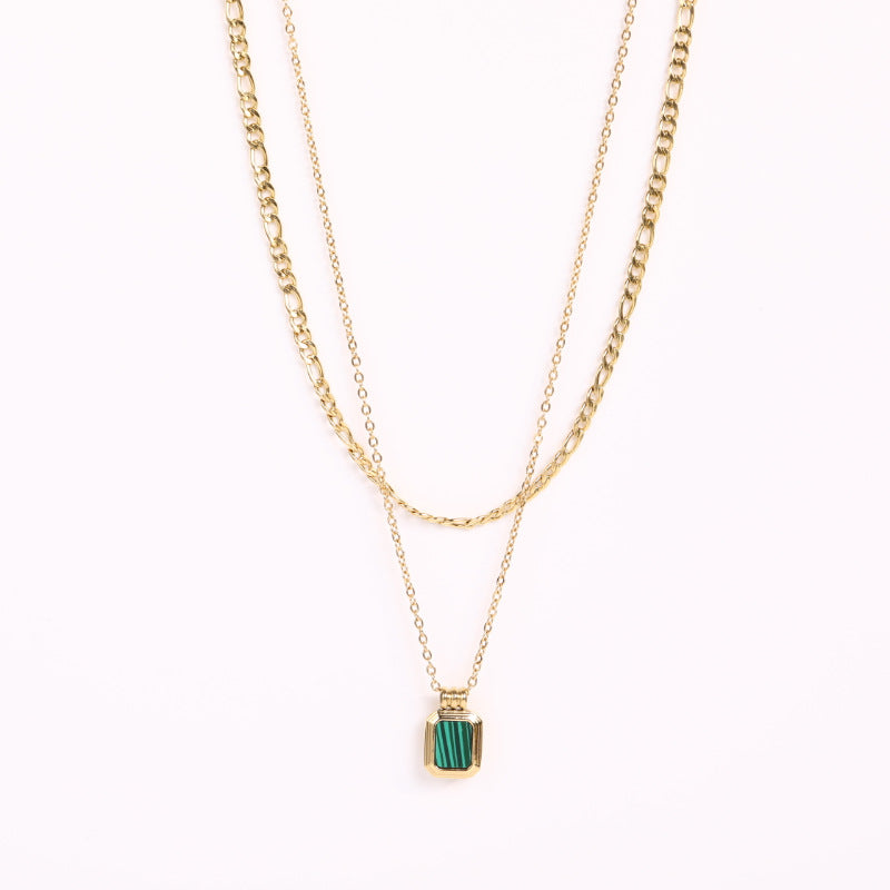 Layered Figaro Chain Square Pendant Necklace with black stone view 2