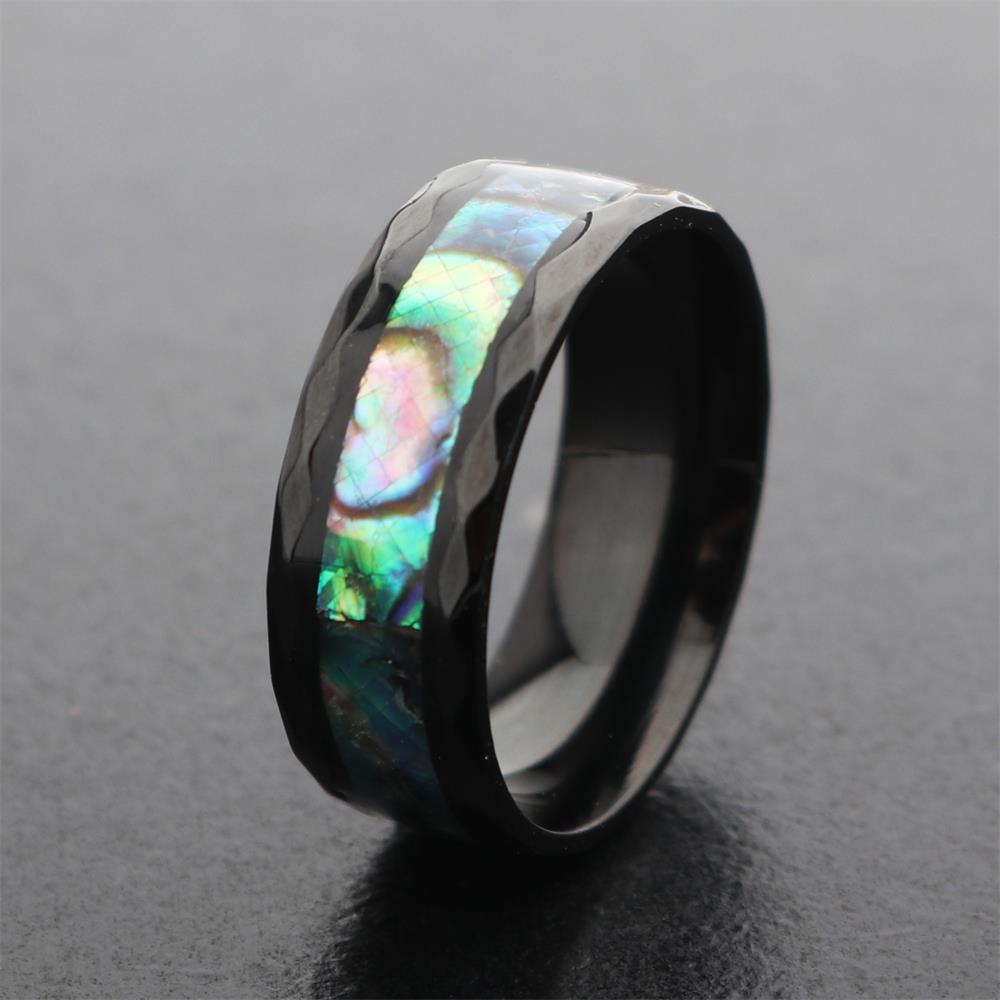 8mm Black Stainless Steel Abalone Inlay Band faceted texture iridescent view 2