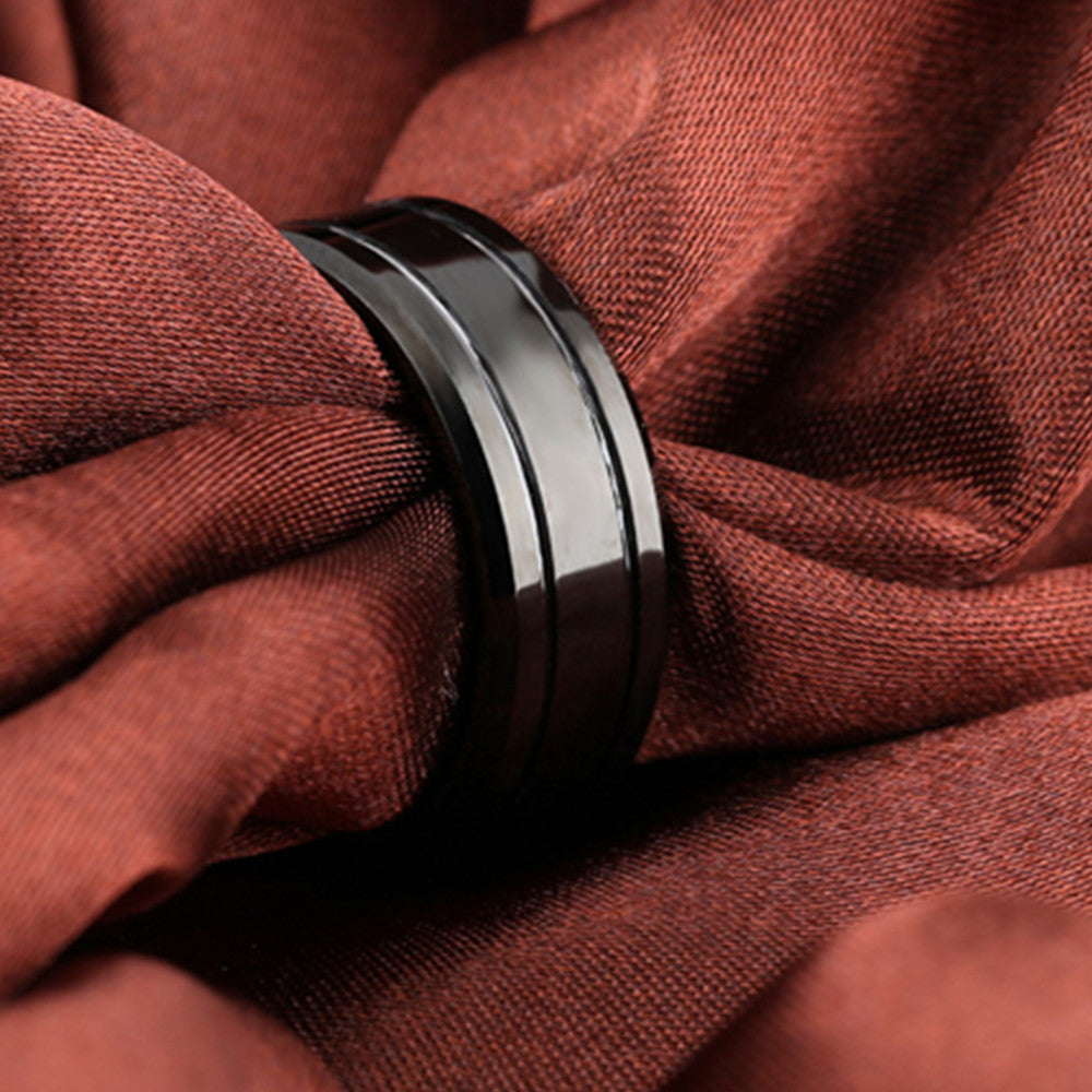 8mm Black Tungsten Carbide Dual Groove Ring on white background view 3