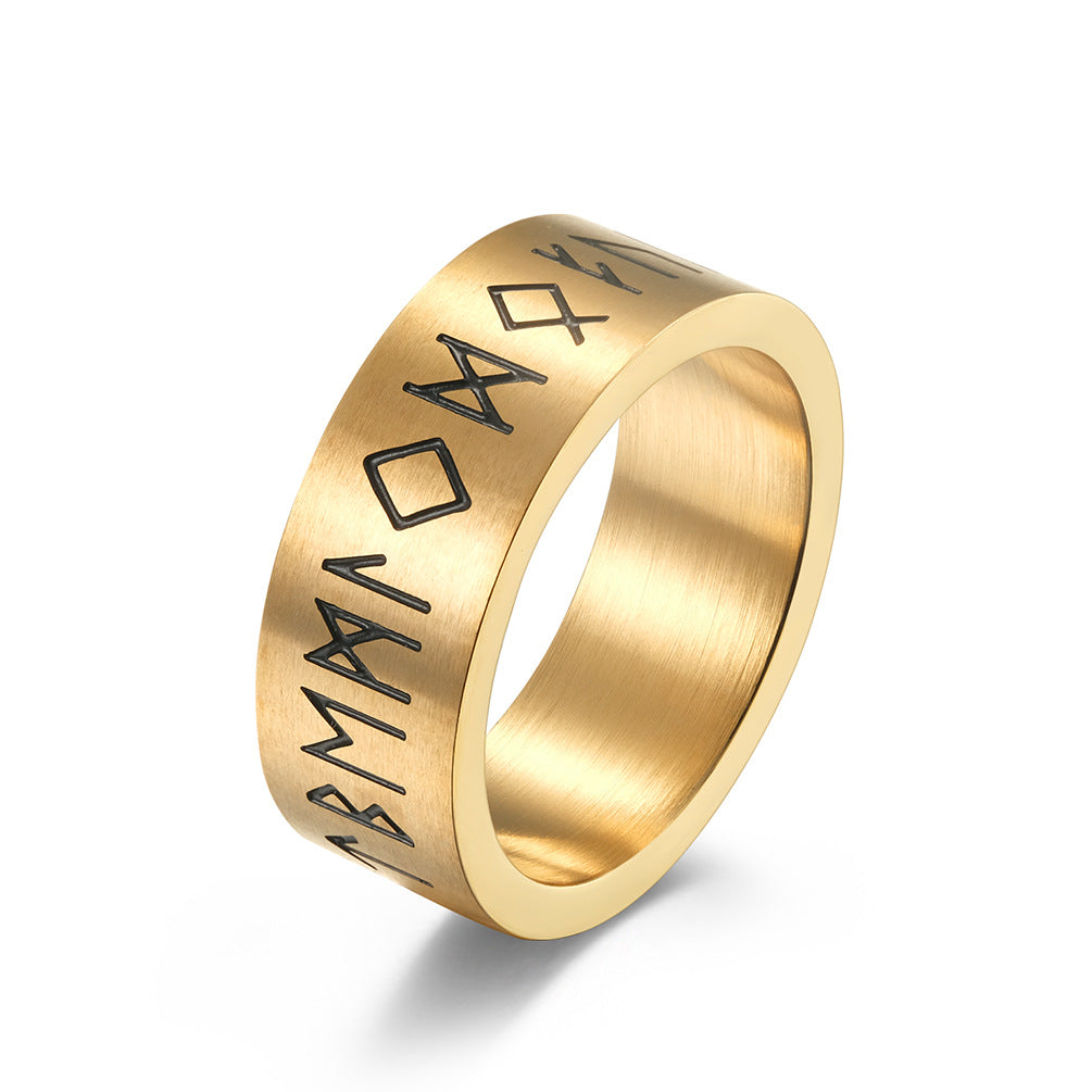 Brushed Stainless Steel Rune Ring - silver finish, etched symbols view 3