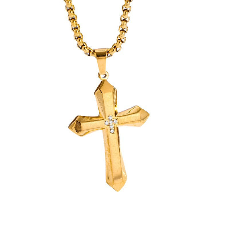 The Zircon Cross Pendant Necklace in Titanium Steel, view 6