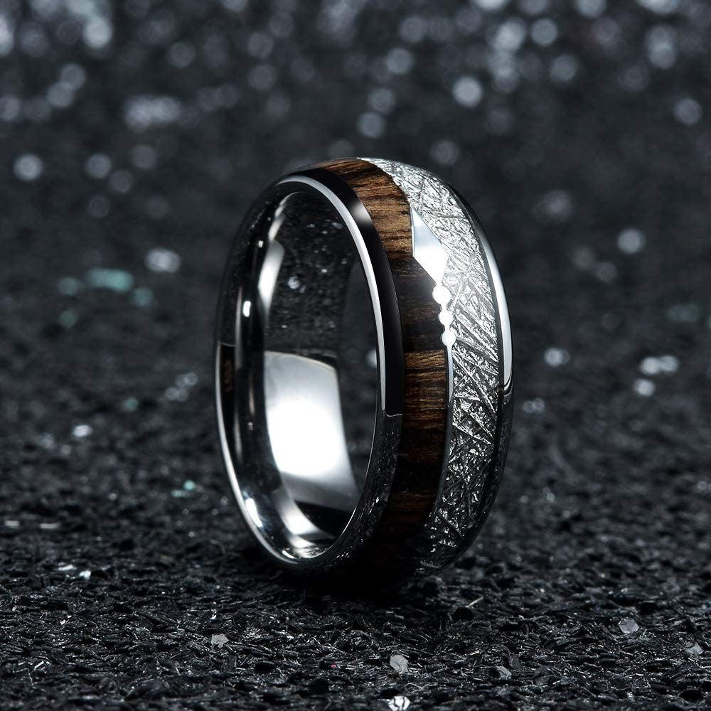 8mm Tungsten Carbide Wood Meteorite Inlay Ring with polished finish view 3