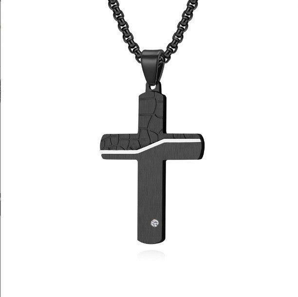 Two-Tone Inlaid Cross Pendant Necklace Black Silver finish view 3